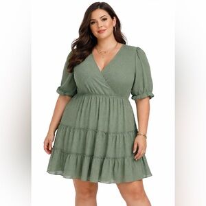 Inspired Hearts Dress Olive Green Vneck Hidden Snap Short Puff Sleeve Women’s 3X